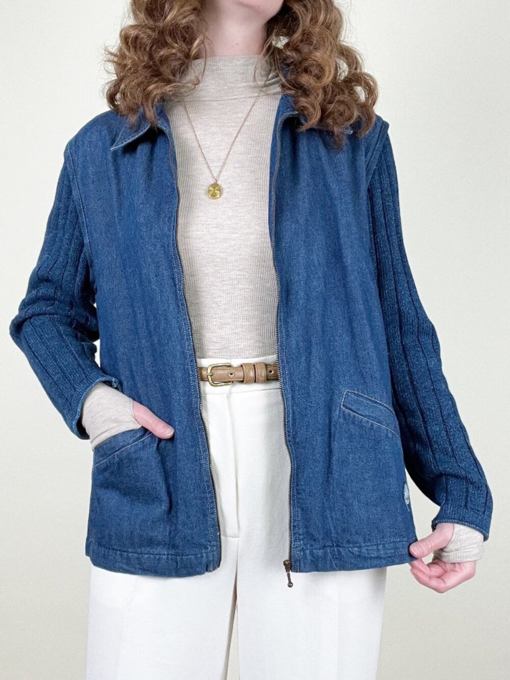 Vintage Danish 100% Cotton Denim Jacket Knit Light Utility Field Chore Coat 90s